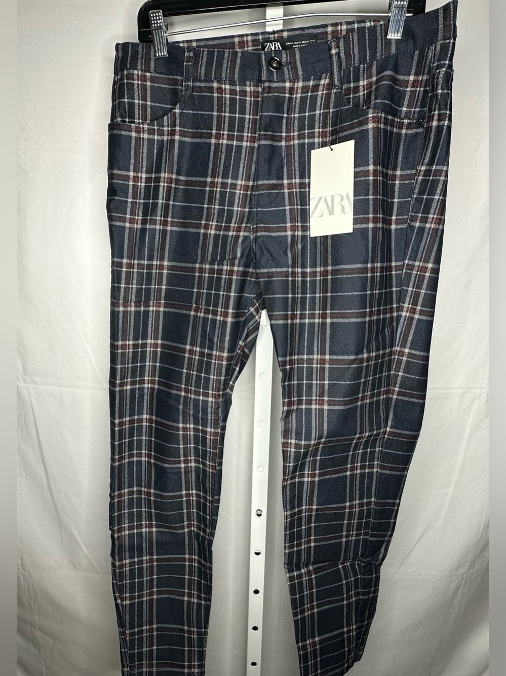 ZARA Navy Plaid Trousers with Burgundy & White Windowpane